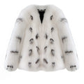 Black and white faux fur raccoon coat on a model, showing short length and slim Korean-style fit.