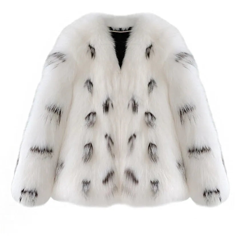 Black and white faux fur raccoon coat on a model, showing short length and slim Korean-style fit.