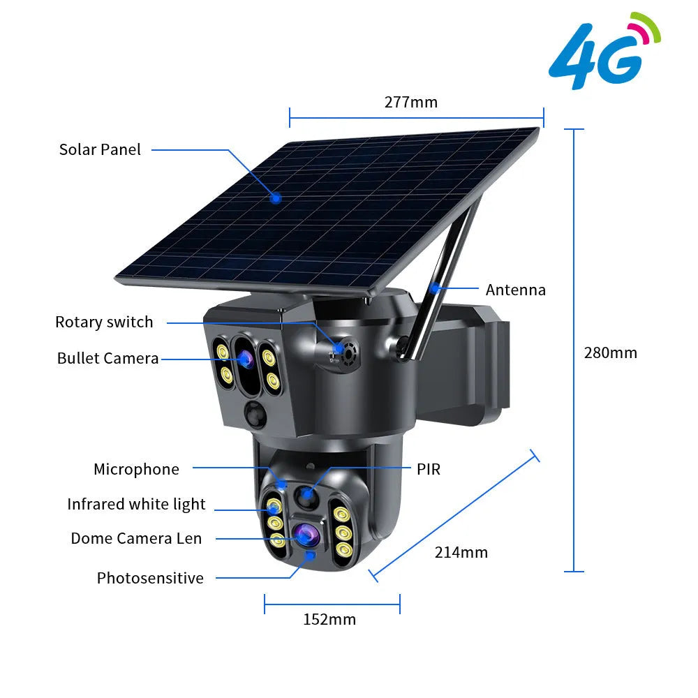 Solar-powered outdoor security camera with dual lenses and wall mount bracket