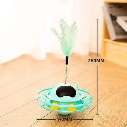 Pink cat tumbler turntable toy with self-moving rotational action for interactive feline play