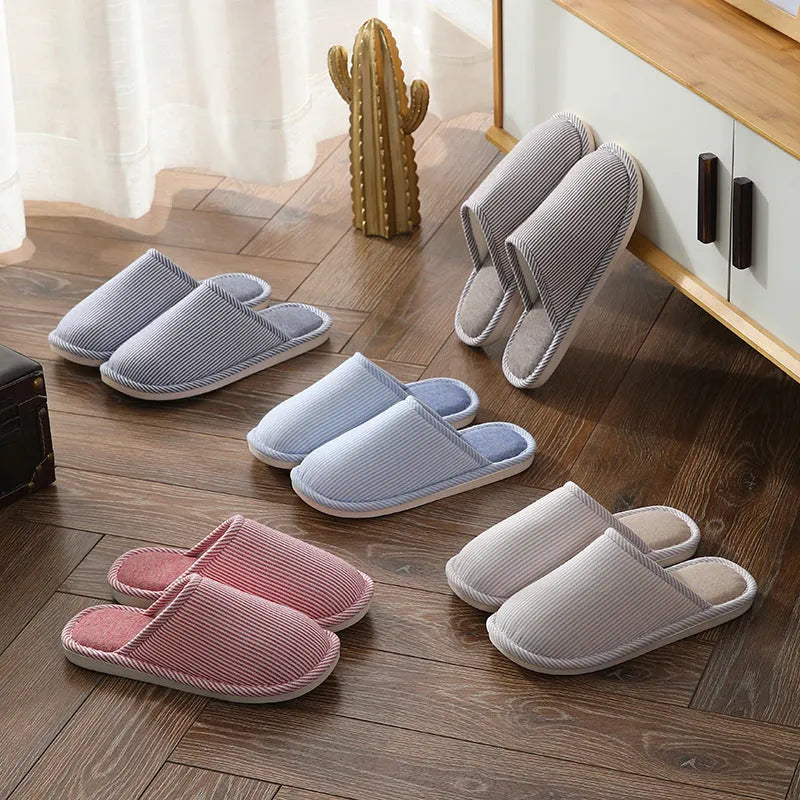 Household stripes indoor non-slip cotton slippers with PVC sole and round toe in a colour option