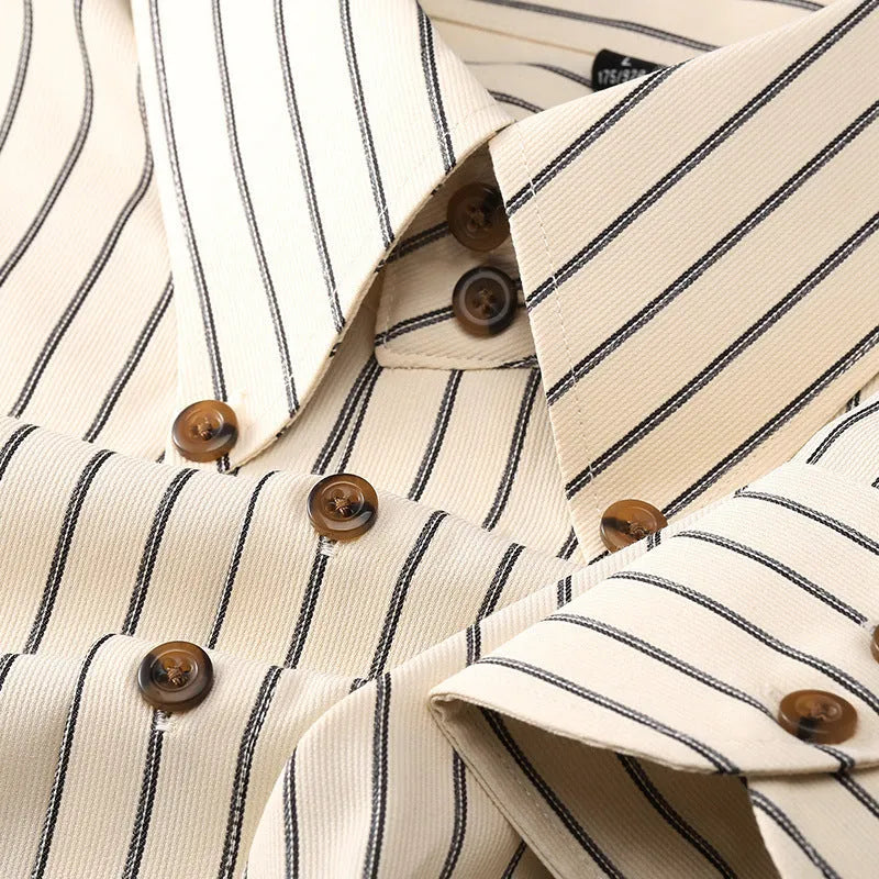 Coffee coloured striped men's long-sleeved shirt with a slim fit, shown on a hanger.