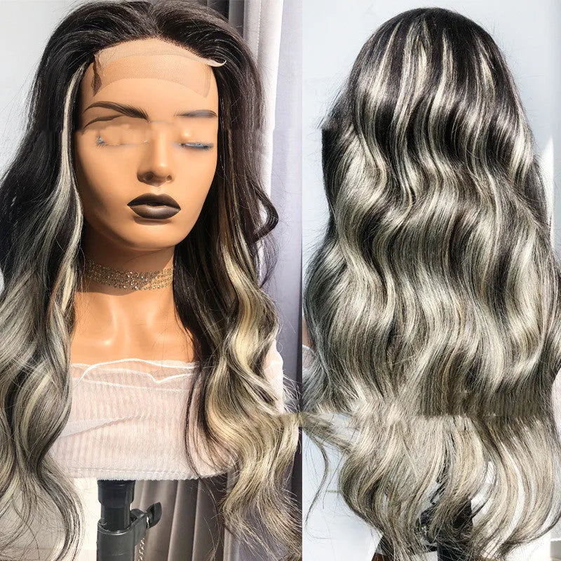 Human hair lace wig in straight or body wave, 10-18 inch, dyeable and ironable, with slanted bangs option.