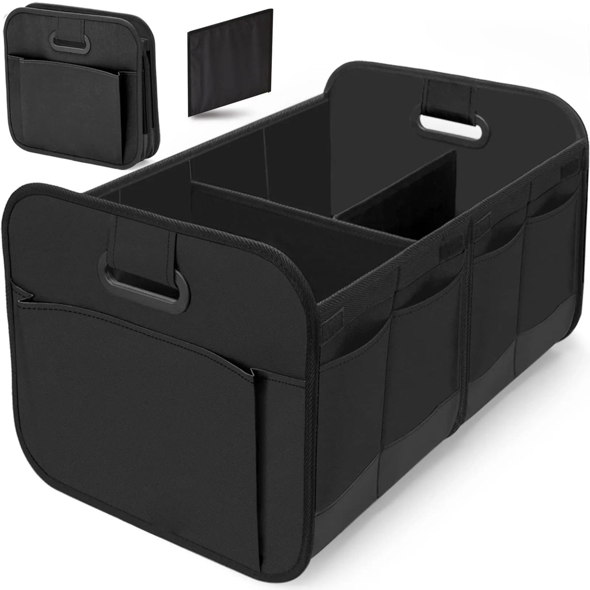 Black foldable Oxford cloth car boot storage box with handle on car boot floor