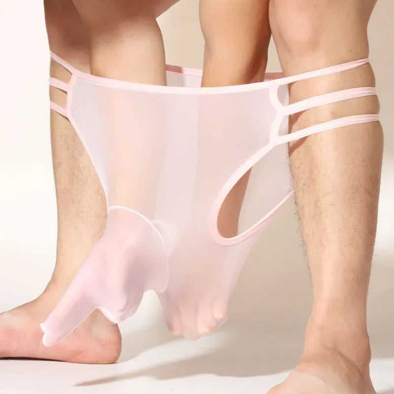 Men's transparent elephant nose shorts in nylon fabric showing mid waist design