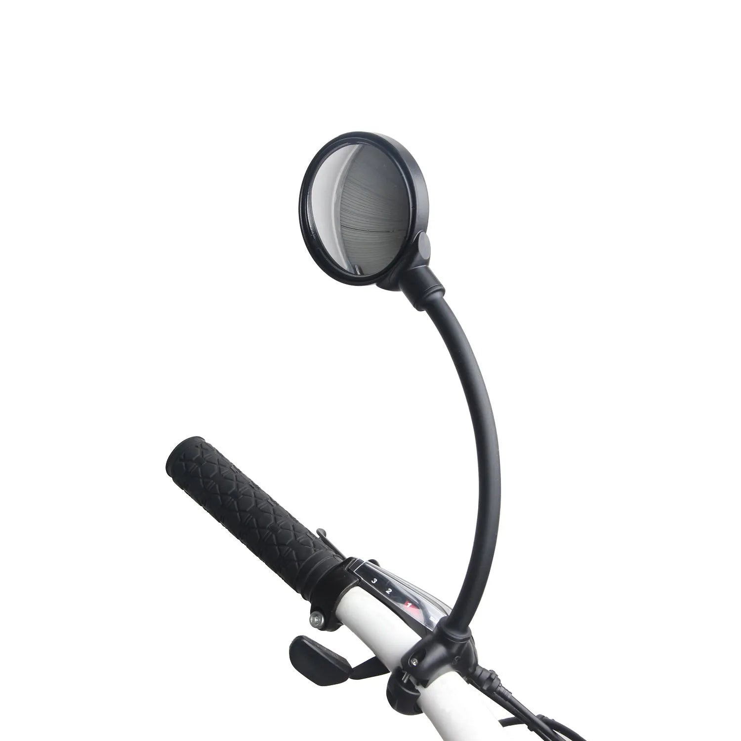 Black metal bicycle rearview mirror with hose adjustment clamp for handlebar mounting