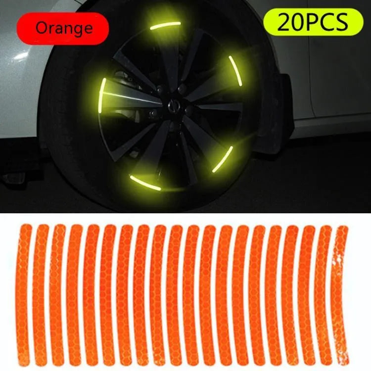 Pack of 20 arc-shaped PVC reflective stickers for car wheel hubs in multiple colour options