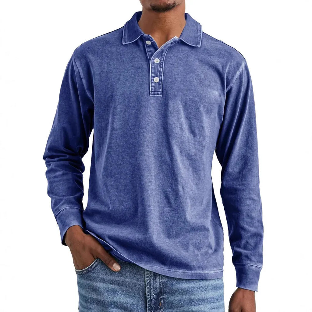 Men's retro-style long sleeve polo shirt in washed cotton with a lapel collar, shown in Army Green.