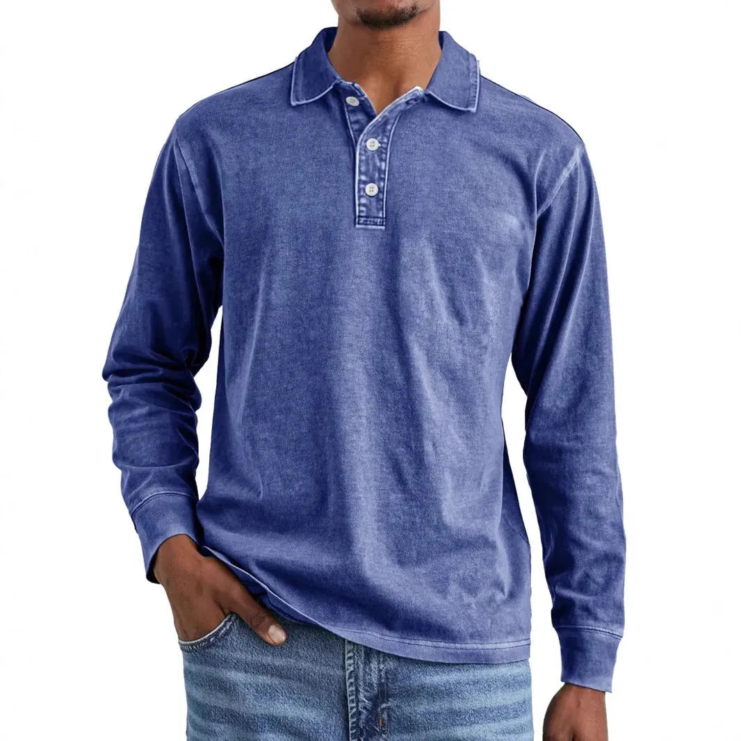 Men's retro-style long sleeve polo shirt in washed cotton with a lapel collar, shown in Army Green.