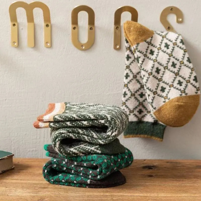 Women's mid-calf pure cotton double-knit retro ripple socks in mixed colours, autumn stack socks