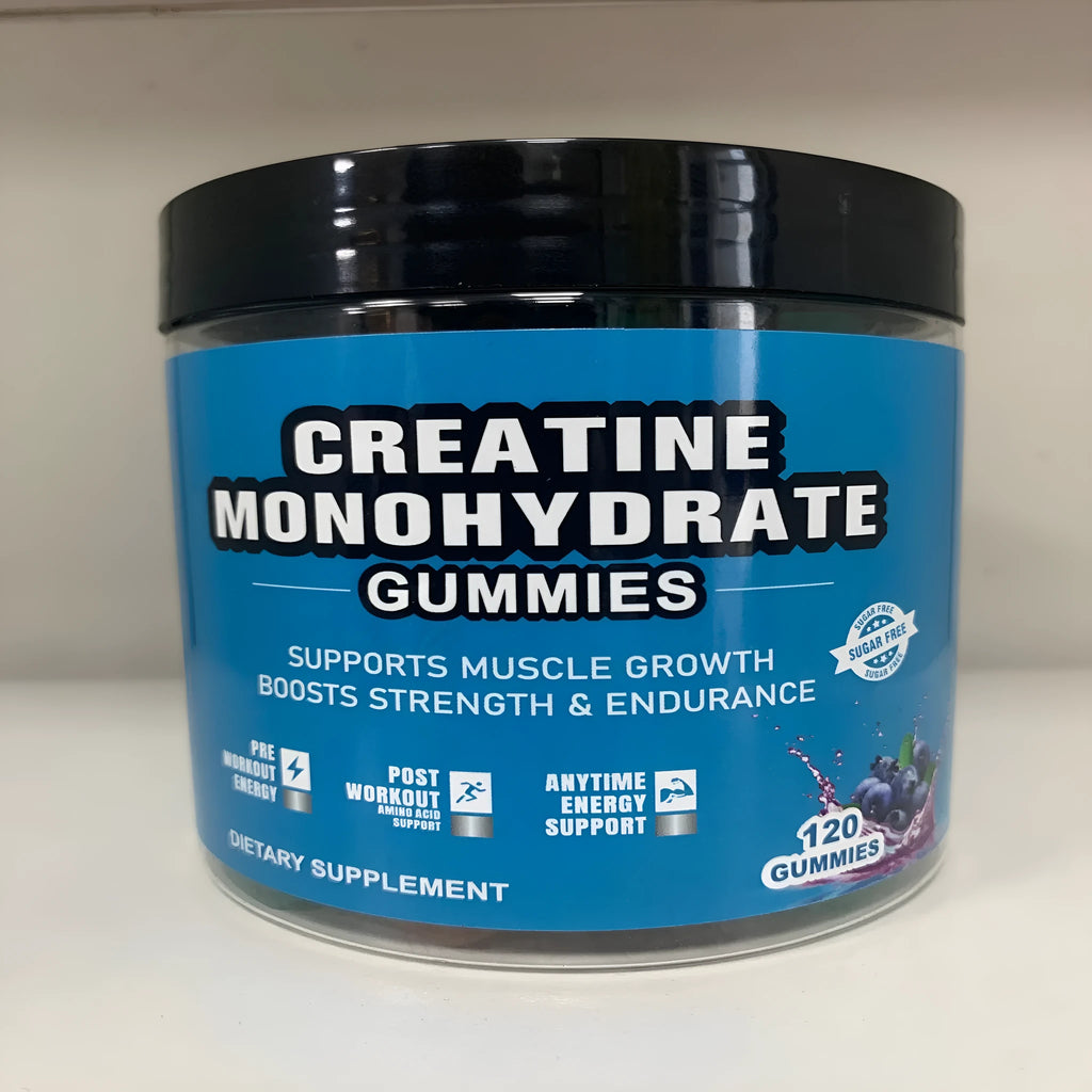 Bottle of raspberry flavoured creatine monohydrate gummy supplements containing 120 soft candies.