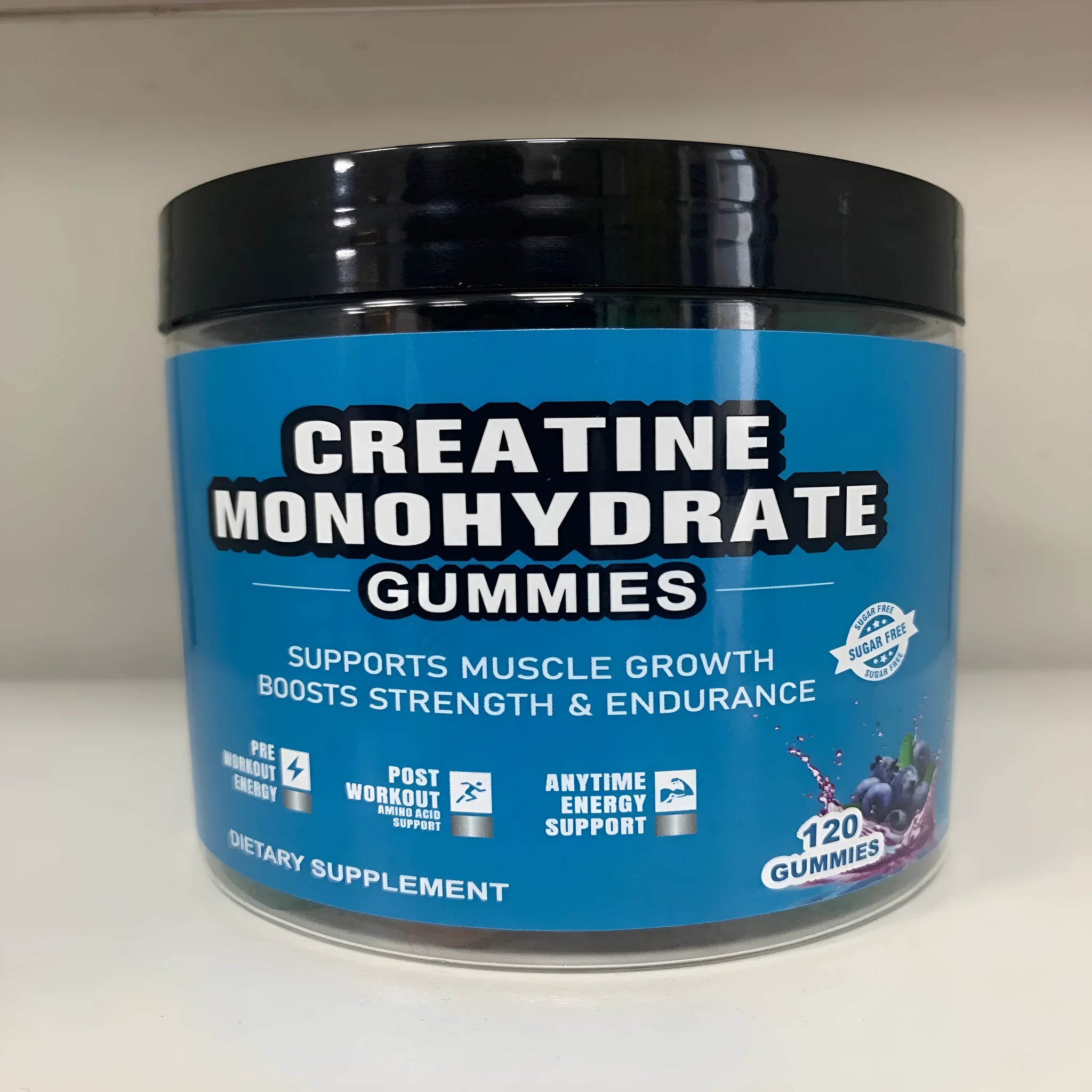 Bottle of raspberry flavoured creatine monohydrate gummy supplements containing 120 soft candies.