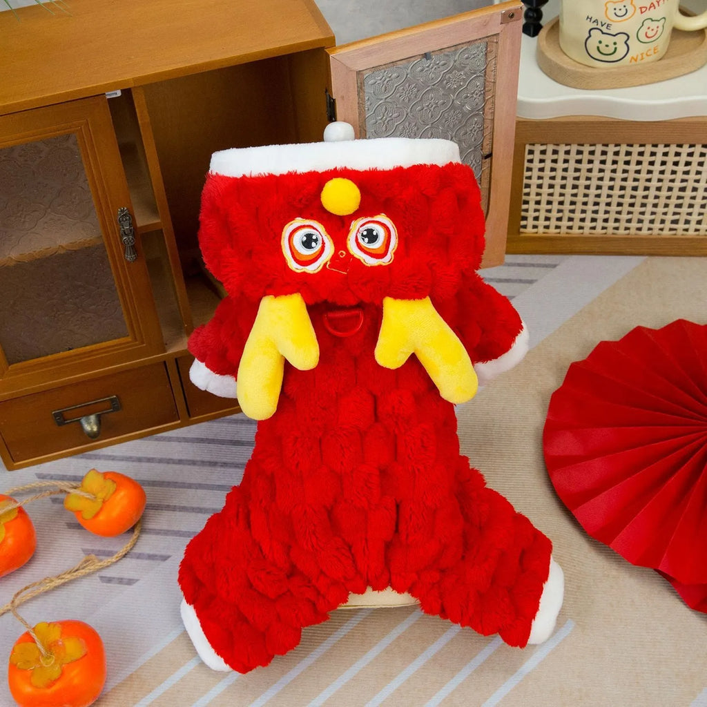 Red cartoon dragon pet jacket with double-sided velvet texture for dogs and cats