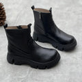 Women's round toe solid colour mid heel leather boots with side zipper in brown