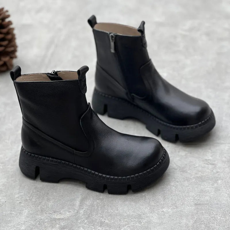 Women's round toe solid colour mid heel leather boots with side zipper in brown
