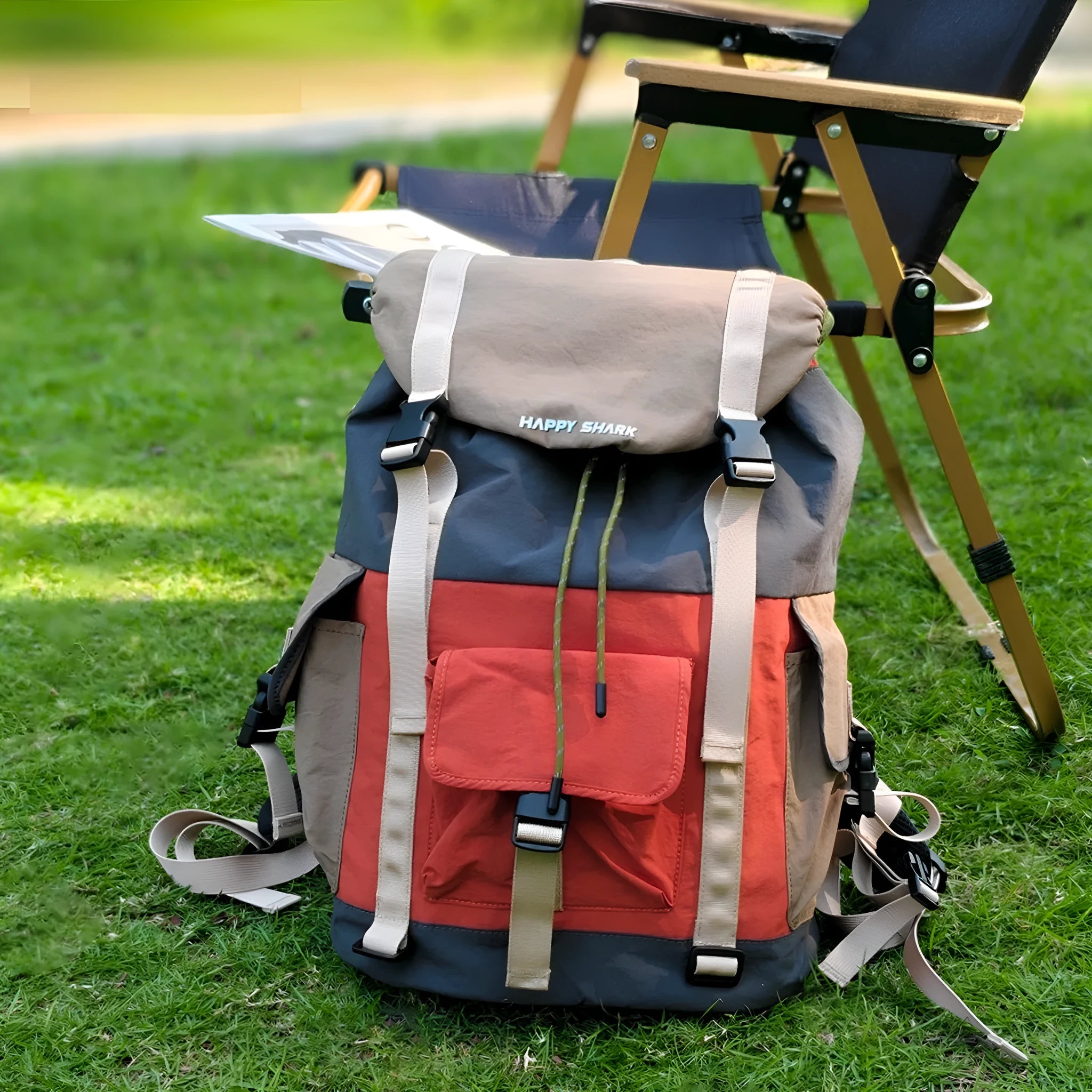 Orange-green contrast colour outdoor backpack with multiple compartments showing 35L capacity