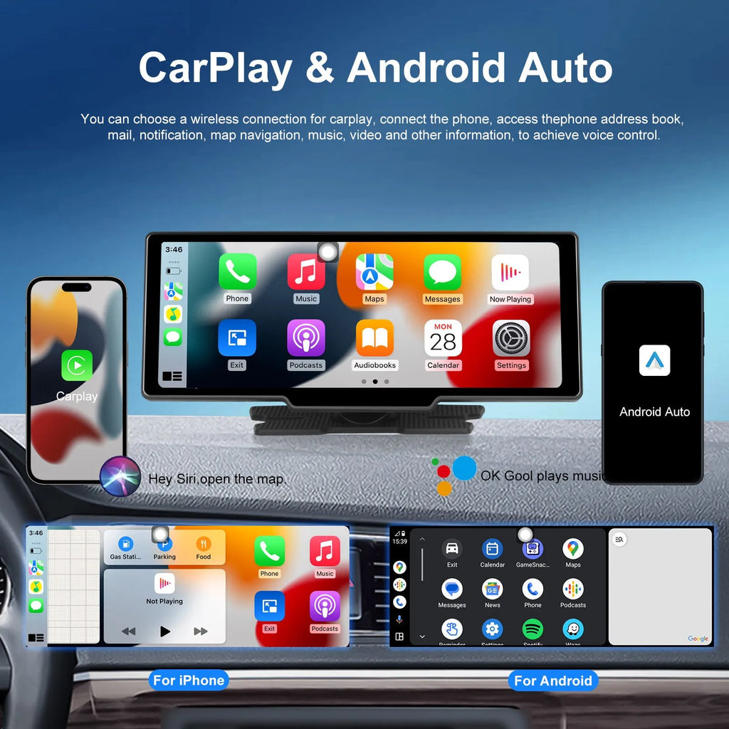 10.26-inch car DVR display with three-way rear-view camera system for CarPlay and Android Auto compatibility