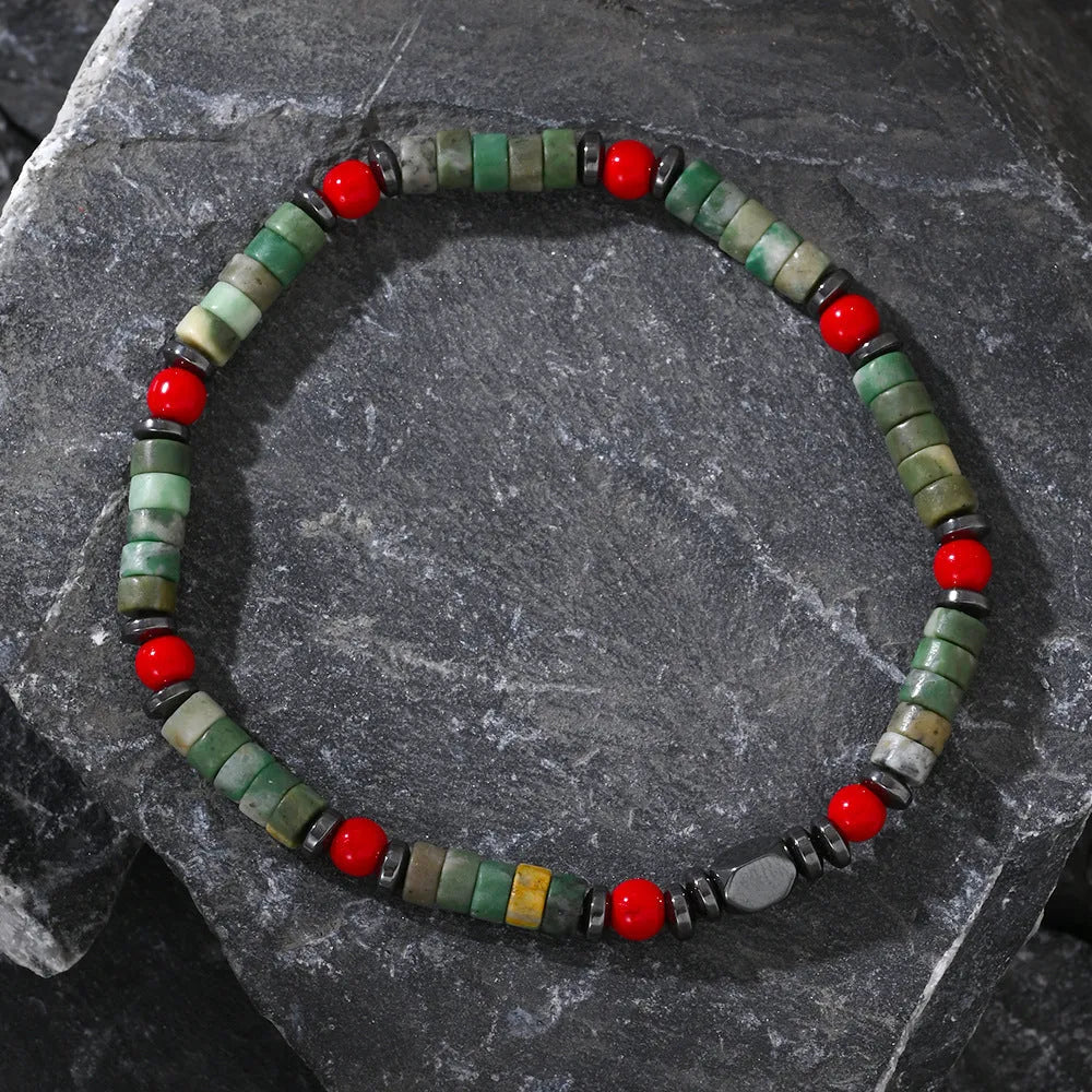 Bohemian style bracelet with cylindrical natural stone beads and hand-woven texture for men