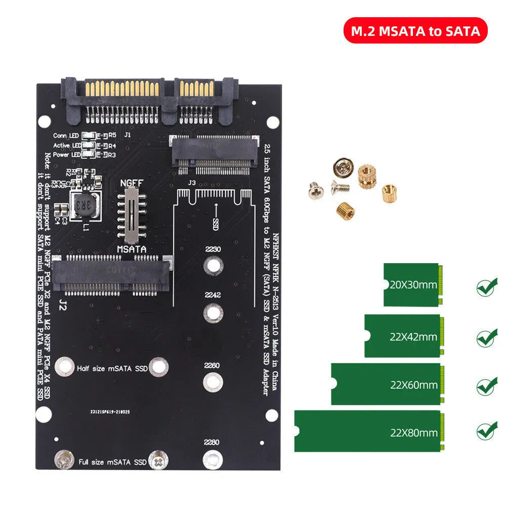 Black and blue SATA3 to M.2 NGFF mSATA SSD conversion adapter card on a white background.