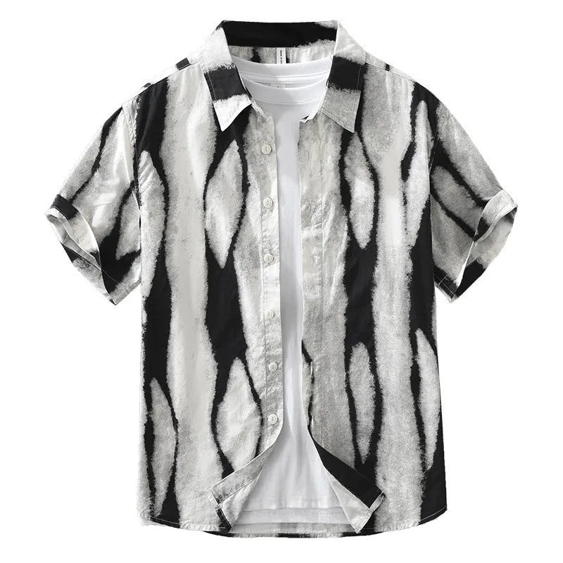 Retro striped short sleeve cotton cardigan in black, showing loose fit and button front.