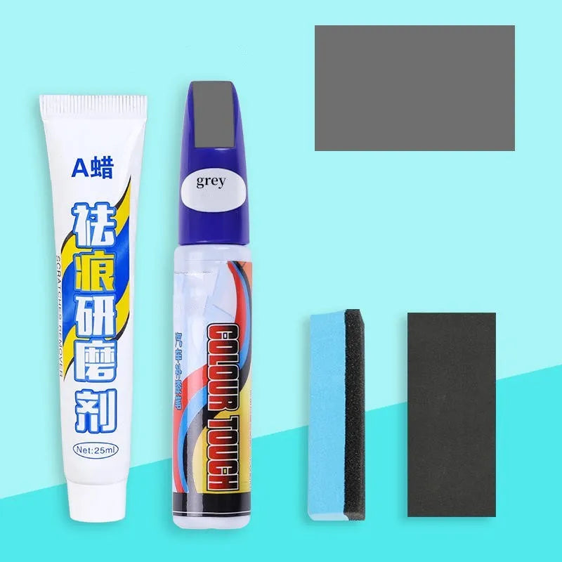Automotive paint repair pen kit with scratch wax, paint pen, sandpaper and sponge for car bodywork