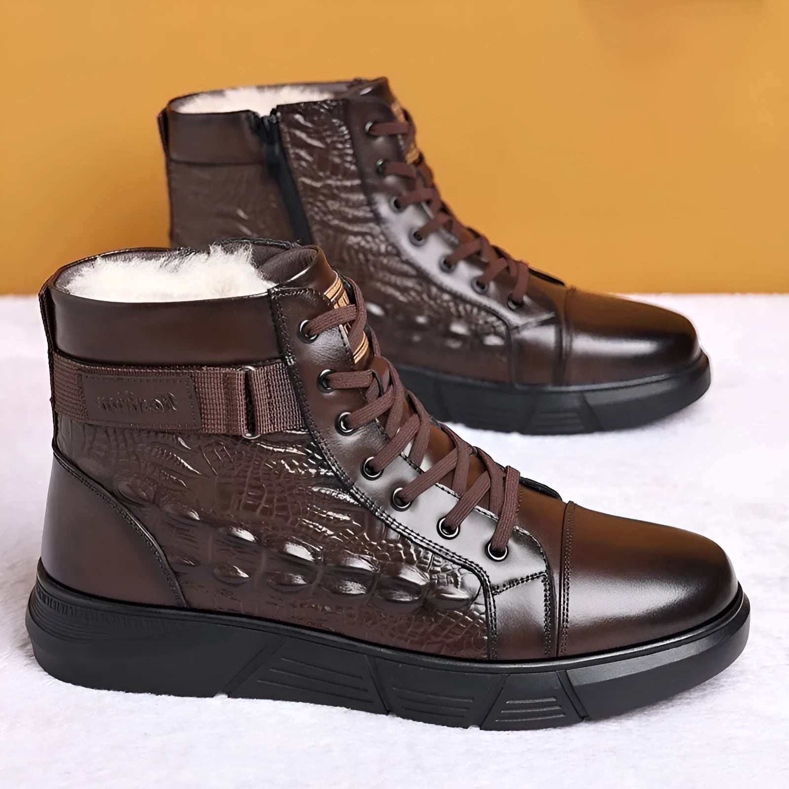 Genuine leather snow boots with fur lining in black or brown velvet colours with rubber soles