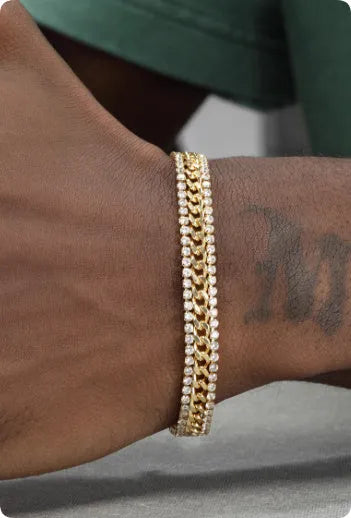 Gold coloured titanium steel tennis bracelet with gemstone inlay for men and women