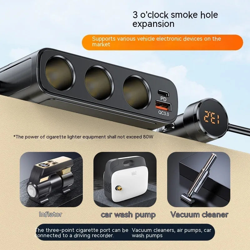 Black car cigarette lighter charger with USB QC3.0 and PD fast charging ports