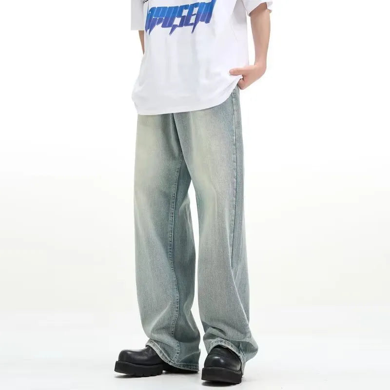 Casual blue retro-style loose trousers made from rabbit fur denim with an elastic fit.
