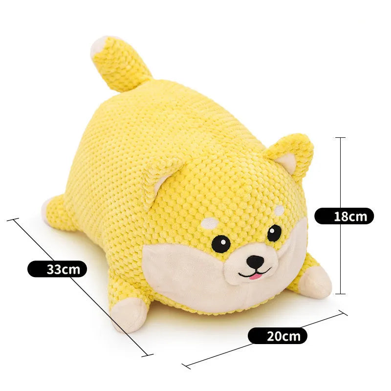 Plush calming dog toy with squeaker for chewing and anxiety relief, shown in large and medium sizes.