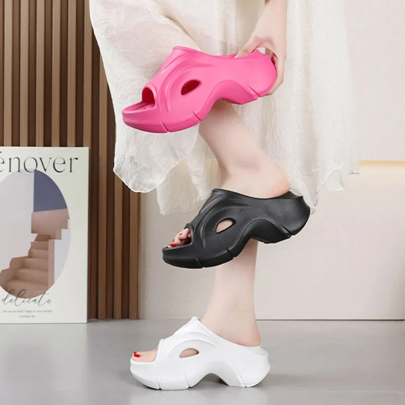 Women's thick-soled EVA foam slippers in rose red colour with round toe design