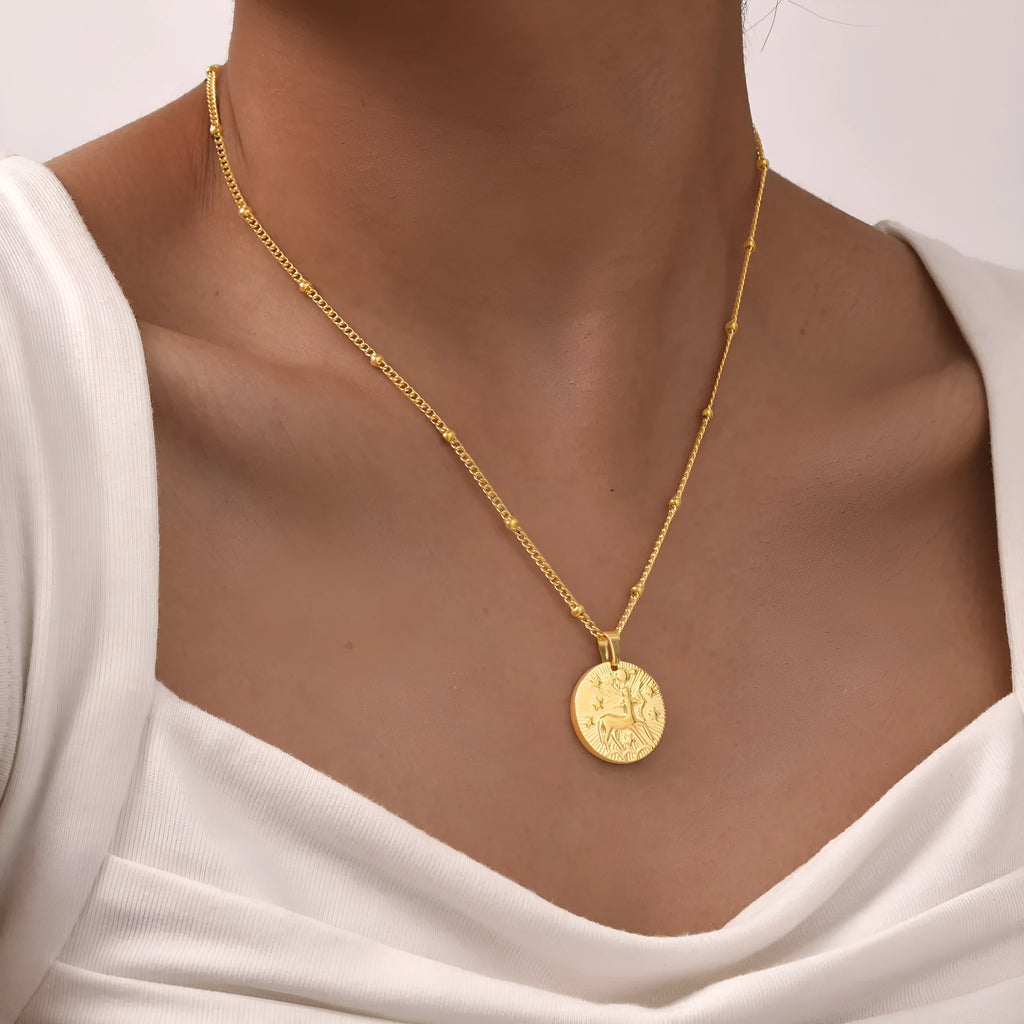 Stainless steel zodiac constellation necklace with twelve charm pendants on cross chain