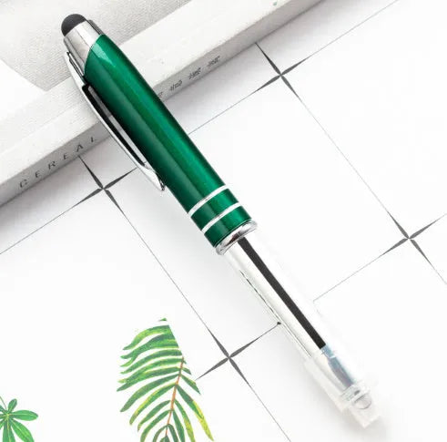 Multifunctional metal ballpoint pen with capacitive stylus tip and LED light in red, black, white, green, and blue colour options.