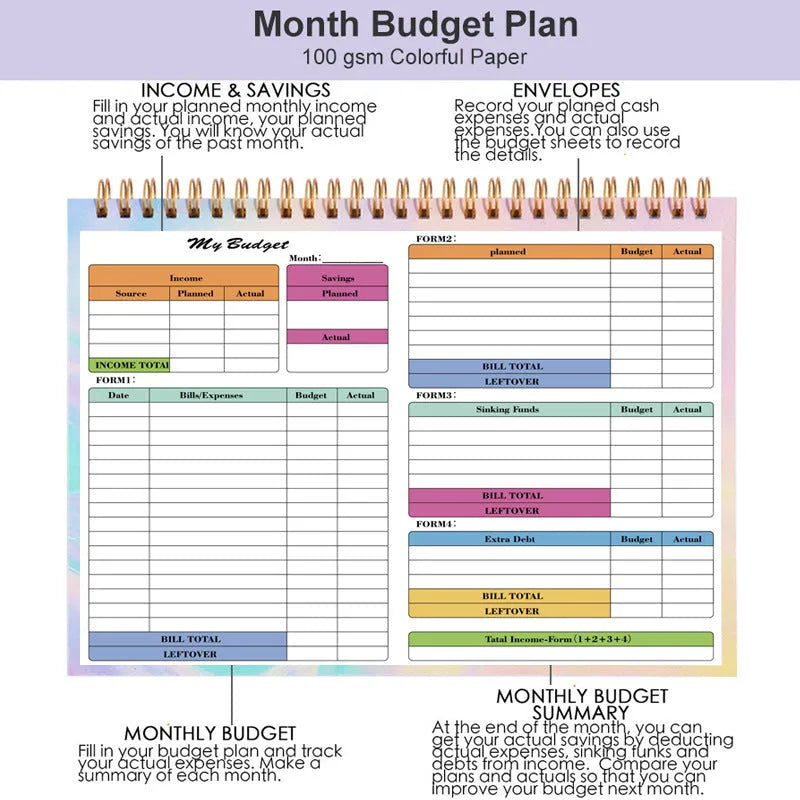 B5 size blue budget tally book with spiral binding, open on a table showing financial columns.