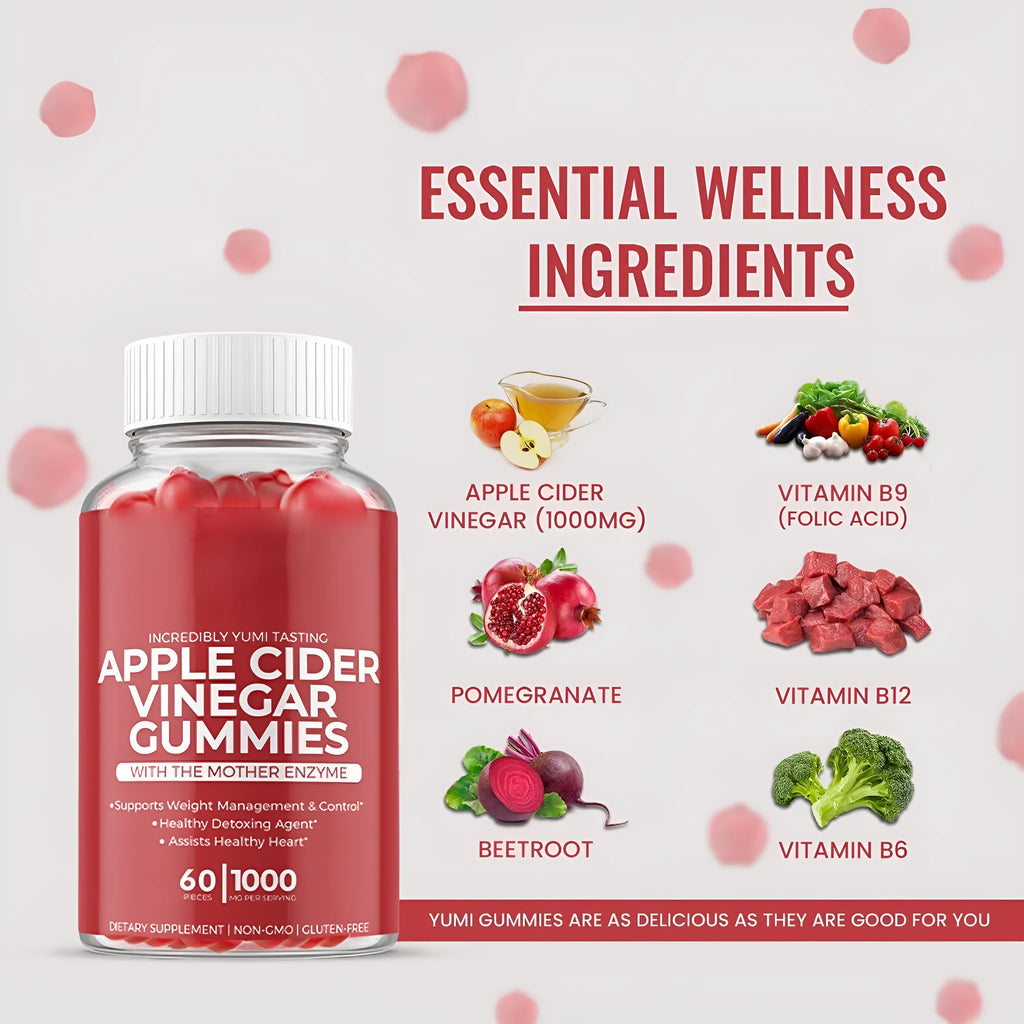 Bottle of apple cider vinegar gummies containing 60 soft candy tablets for adult nutritional supplementation
