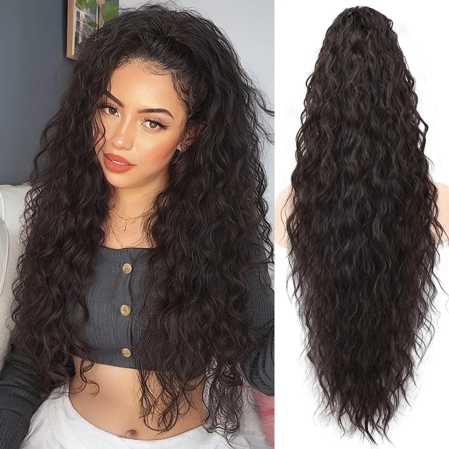 Fluffy long curly synthetic ponytail wig in high temperature fibre with grip attachment