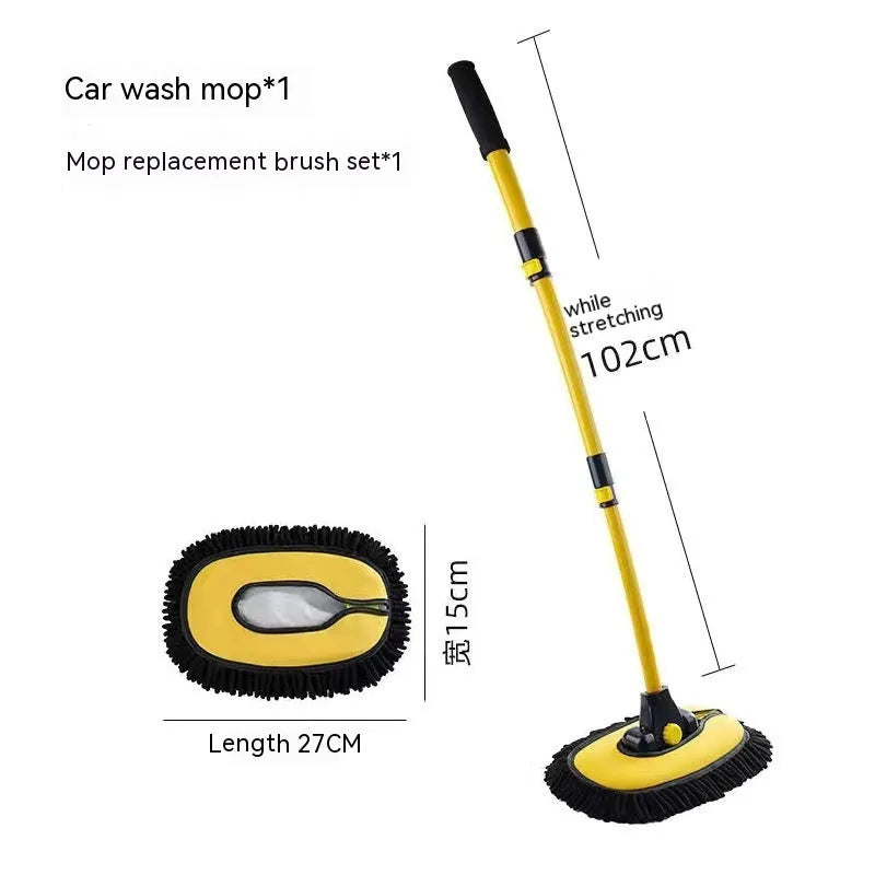 Telescopic car cleaning brush with aluminium curved rod and replaceable chenille brush head in blue and yellow colour options