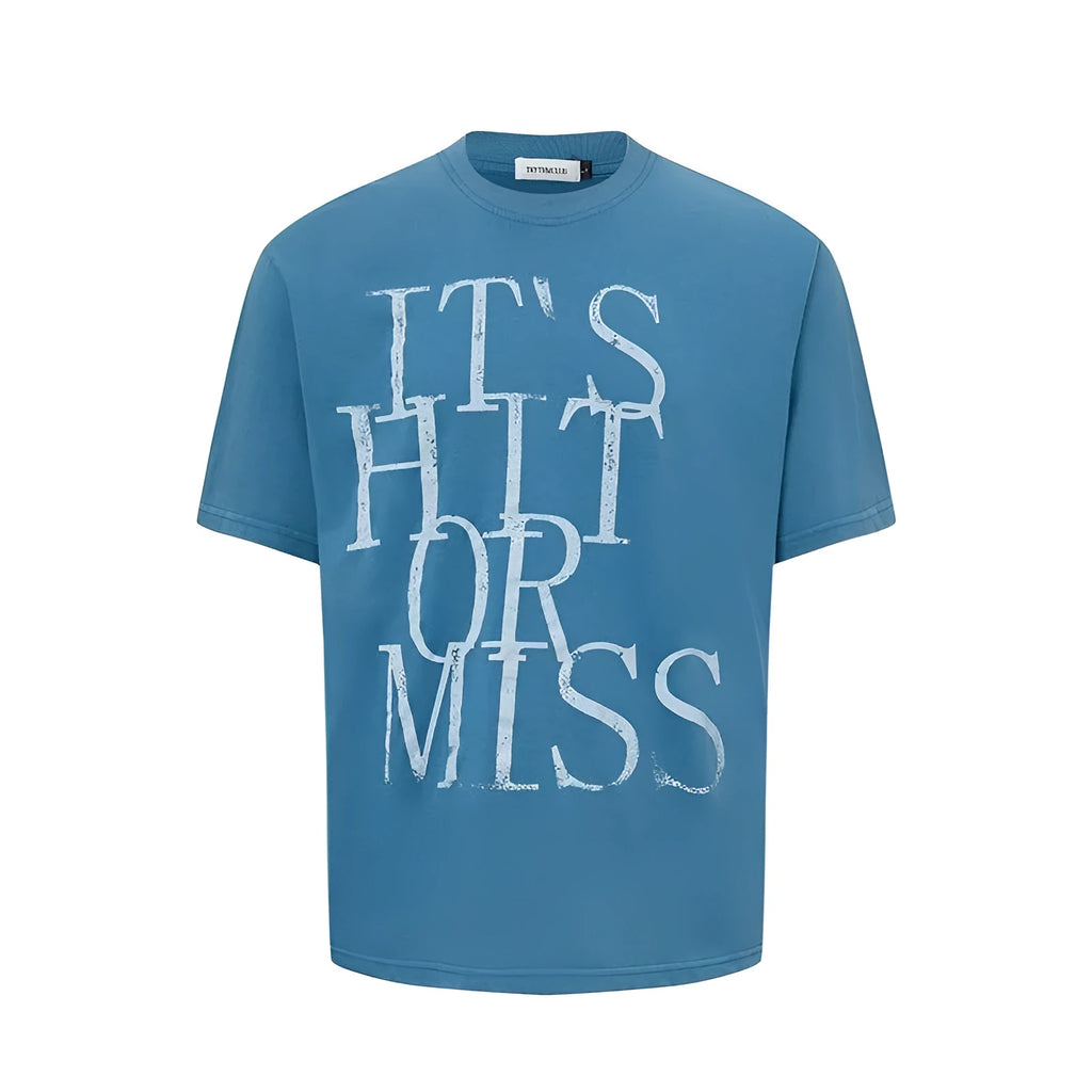 Men's blue t-shirt with white letter printing, loose fit round neck design