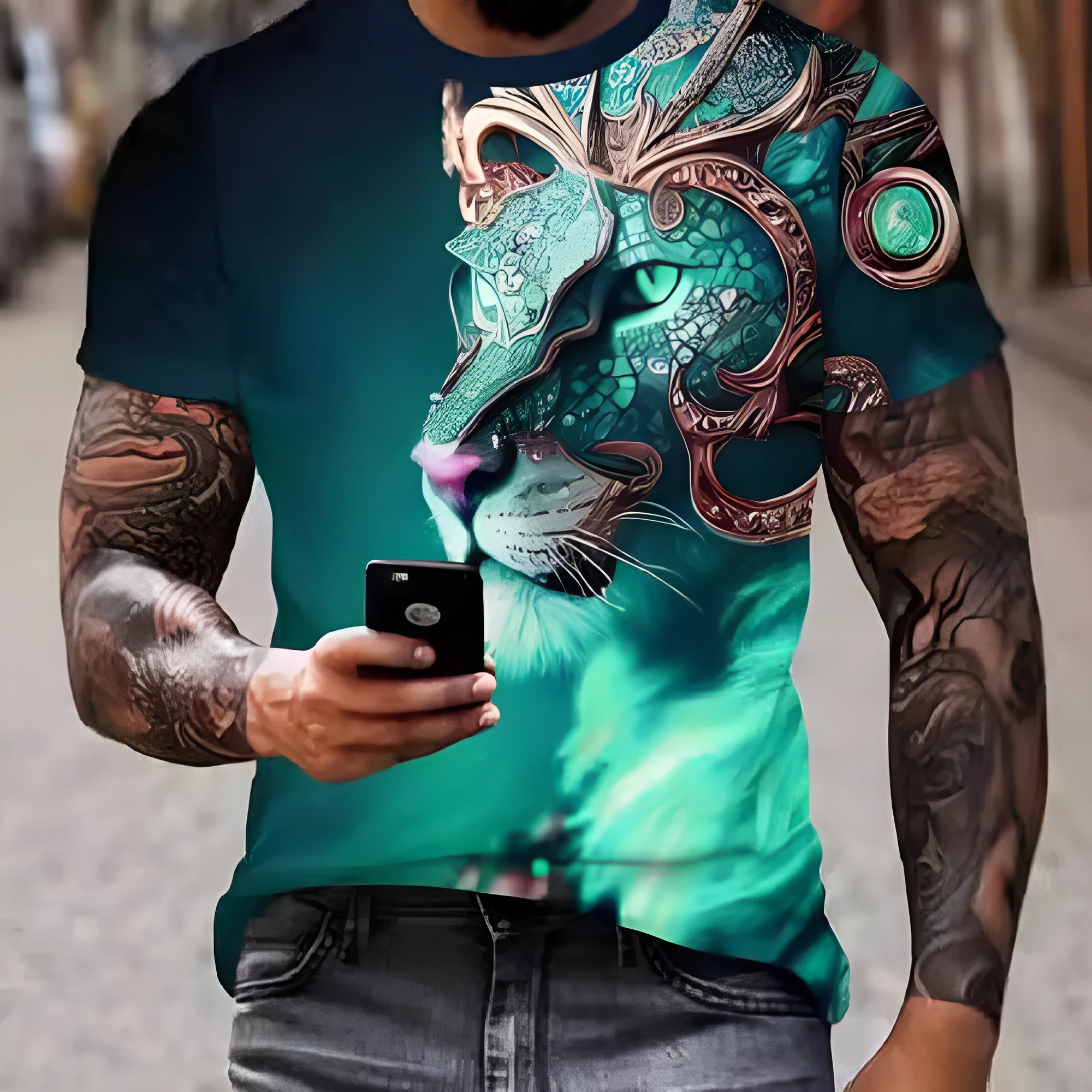 Men's black T-shirt with a raised 3D printed graphic of a fierce lion's face on the front.