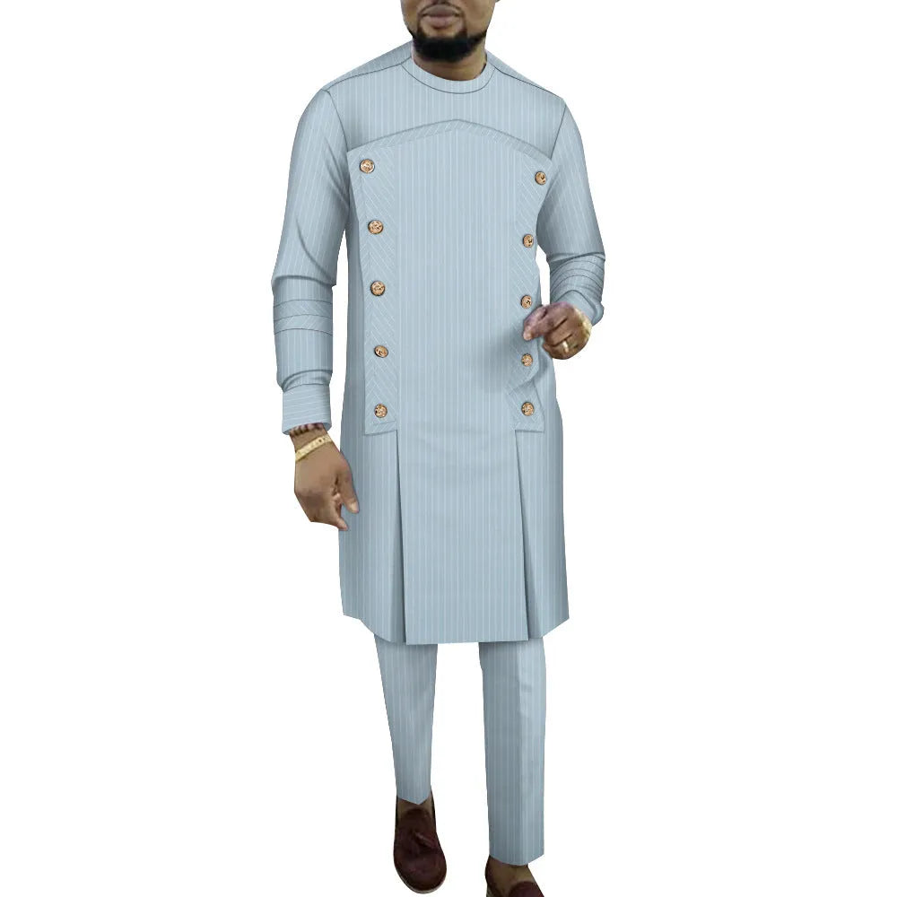 African men's striped cotton robe two-piece set showing long sleeve top and trousers in six colour variations