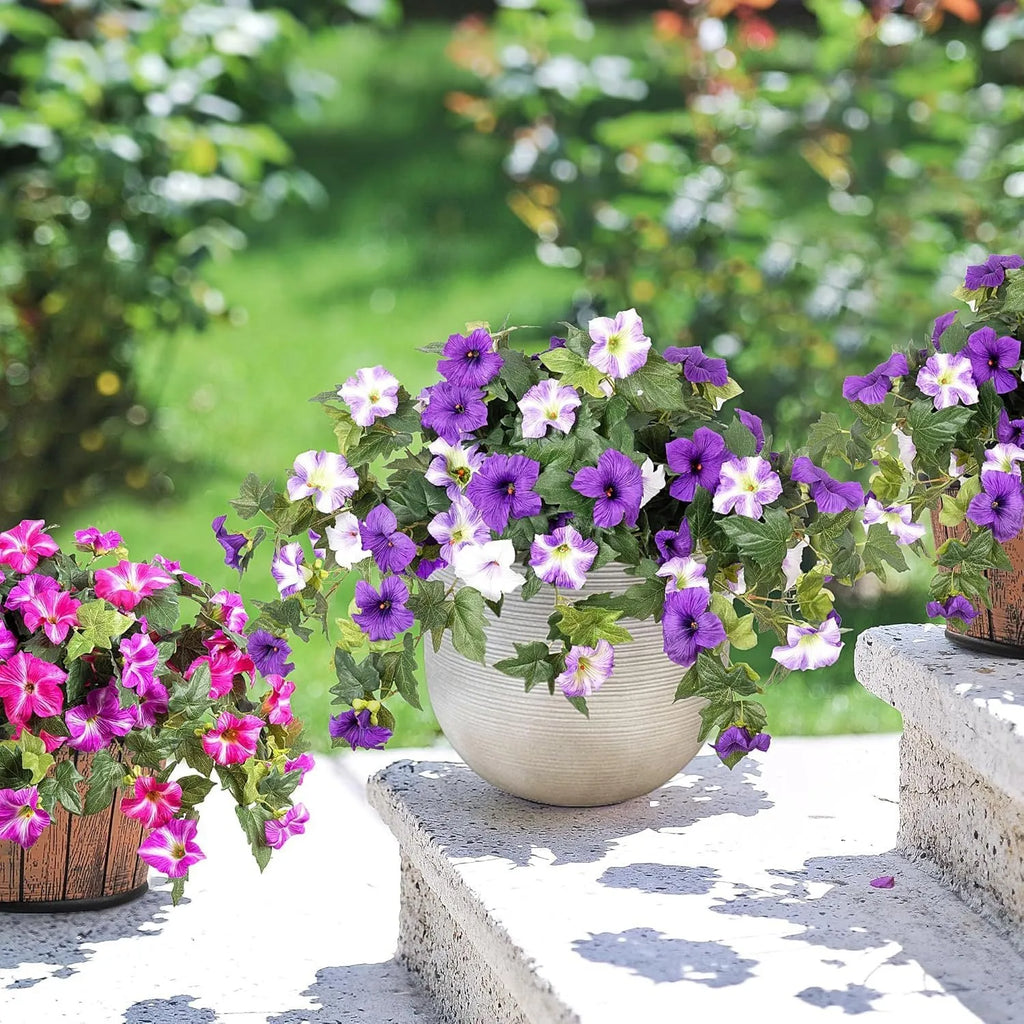 Plastic artificial flower container with 12 ground forks in courtyard garden setting