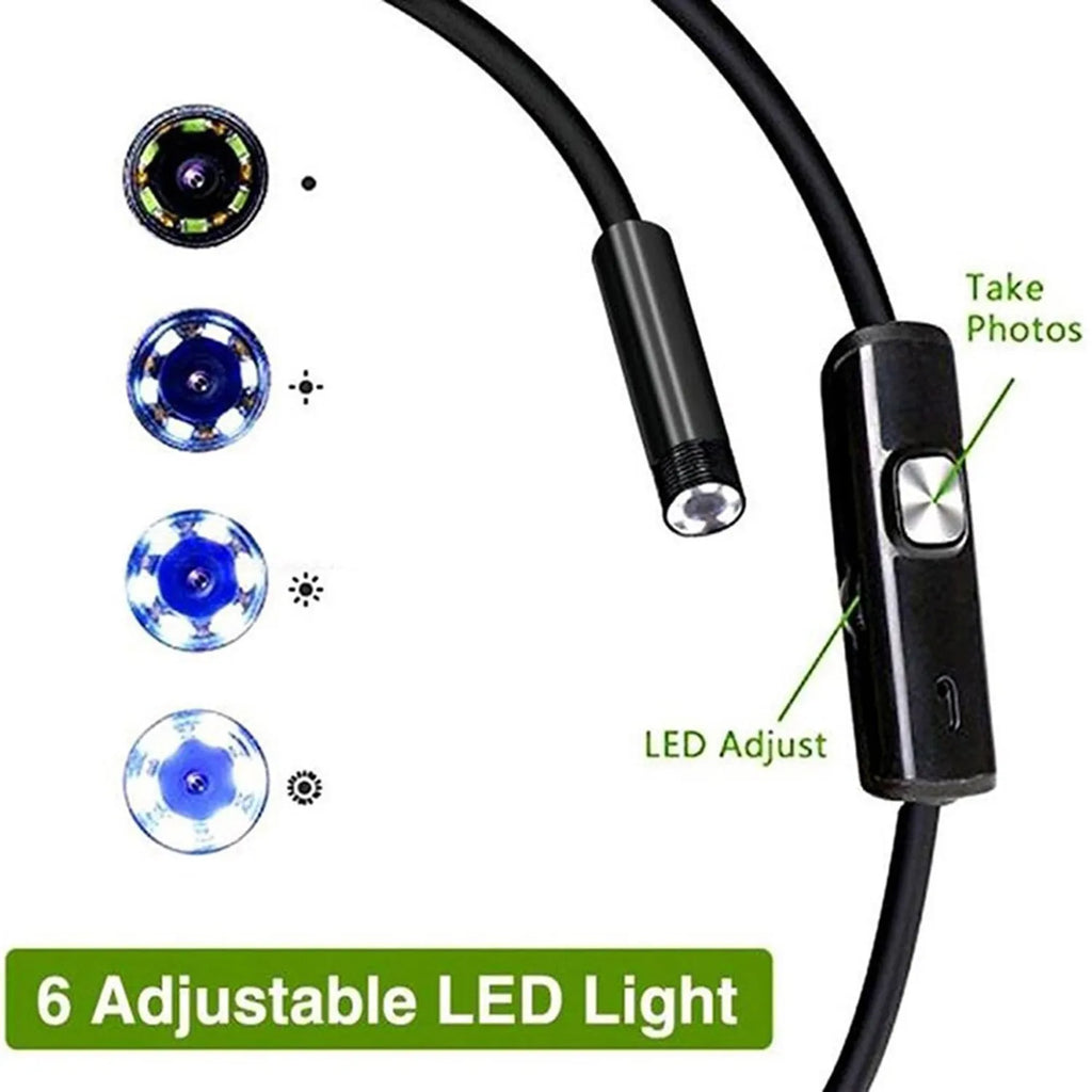 USB-C endoscope for Android phones with flexible cable, waterproof camera probe, hook, and magnet attachments on a table.