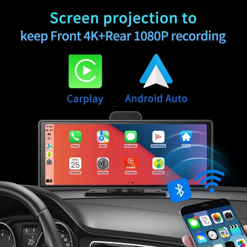 12-inch car dash cam touch screen displaying dual camera view on dashboard.