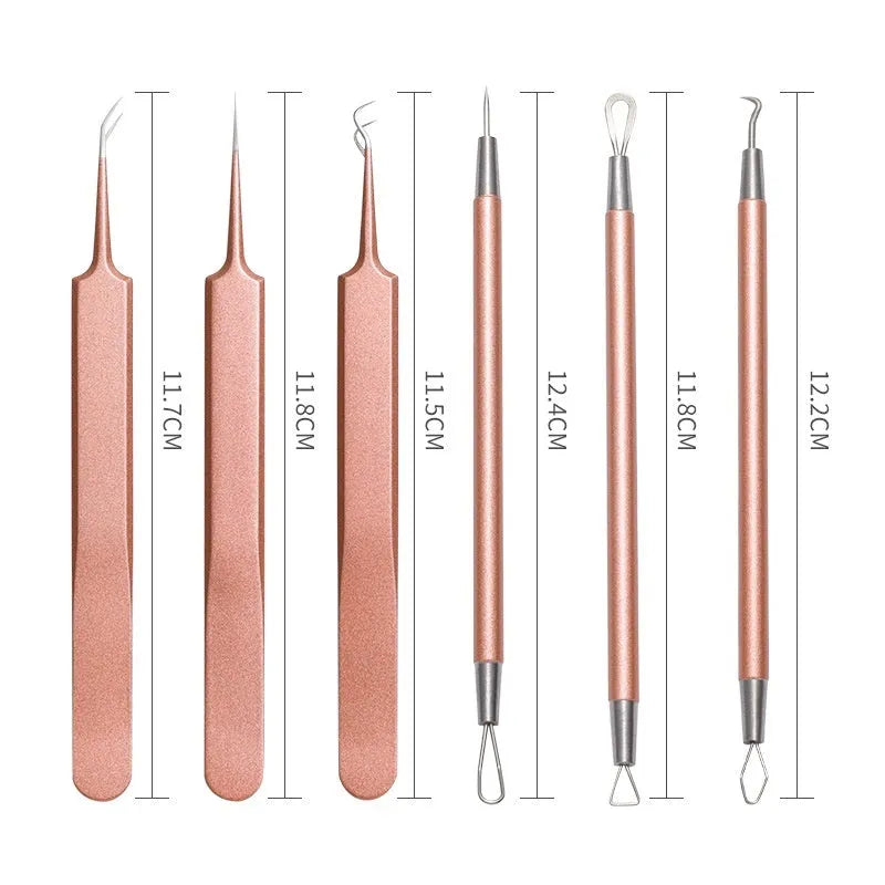 Six stainless steel acne remover tools with rose gold finish for professional pimple extraction