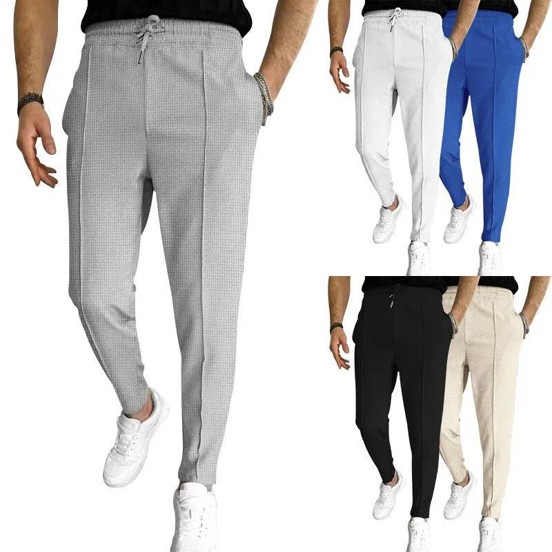 Men's drawstring high-waist straight-leg casual pants in light khaki, polyester waffle fabric, size M-3XL