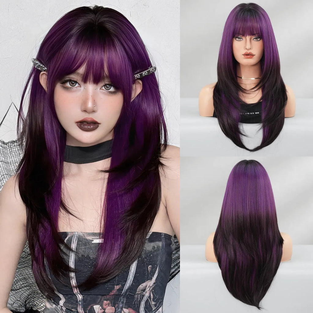 Vanilla green long straight synthetic women's wig measuring 63cm with bangs