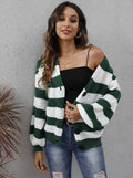 Women's striped button-front cardigan in Deer plush fabric shown in a dark green colour.