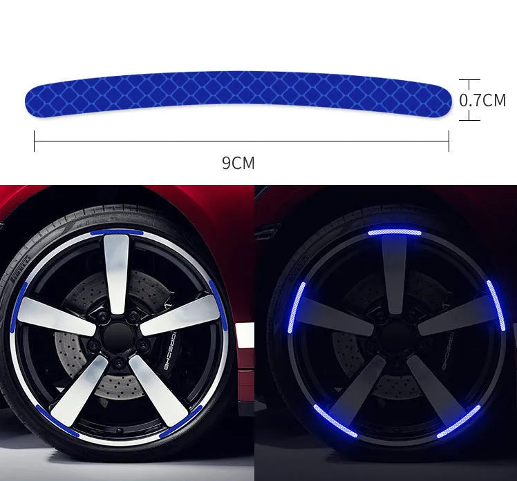 Pack of 20 arc-shaped PVC reflective stickers for car wheel hubs in multiple colour options