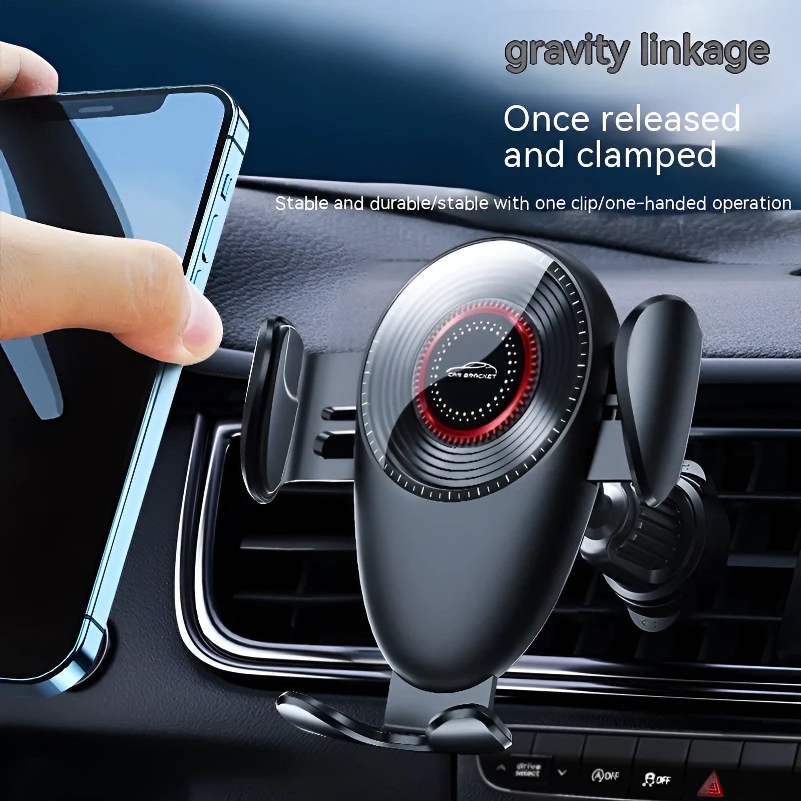 Black universal car phone bracket with mechanical support frame for dashboard or air vent mounting