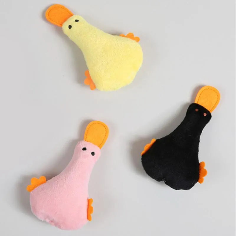 Colourful soft plush duck pet toy with catnip, a squeaker, and a rattle for cats and dogs